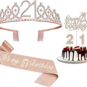 Juesly 21st Birthday Decorations for Her Rose Gold Party Supplies | 21st Birthday Sash and Tiara, Cake Topper and…