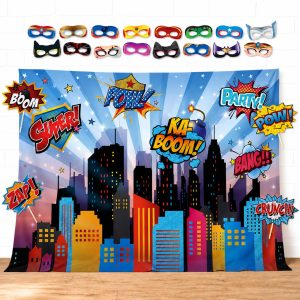 Wonder Woman and Other Superheroes Cityscape Photography Backdrop, Studio Props & Mask. Great as Super Hero City Photo Booth Background – Birthday Party & Event Decorations