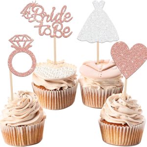 24 PCS Bride to Be Cupcake Toppers with Heart Ring Dress Bridal Shower Cupcake Picks Wedding Engagement Bachelorette Party Cake Decorations Supplies