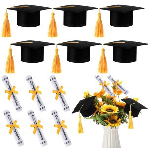 Breling 12 Pcs Graduation Centerpiece Felt Cap Sticks,Black and Gold