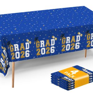 Graduation Tablecloths (4-Pack) - 54x108" Class of 2026 Commencement Party Disposable Plastic Table Covers for 8-Ft Tables | Essentials Graduation Party Decorations & Supplies with GRAD 2026 Blue