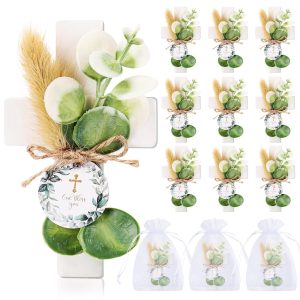 12 Sets Baptism Party Favors for Guests First Communion Favors,Wooden Cross Baptism Magnet with Flowers for Bless Baby Shower Party, Christen Gift,Gender Reveal, (Green, 12)