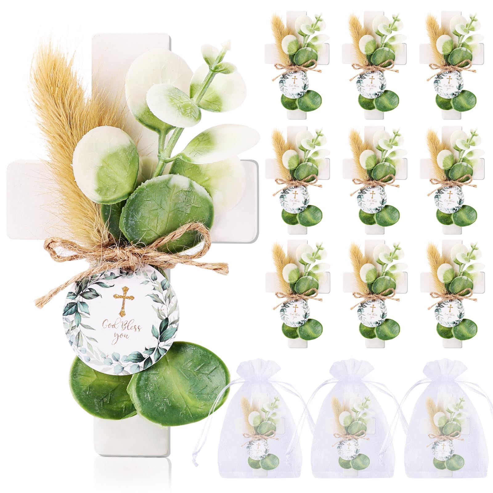 12 Sets Baptism Party Favors for Guests First Communion Favors,Wooden Cross Baptism Magnet with Flowers for Bless Baby Shower Party, Christen Gift,Gender Reveal, (Green, 12)