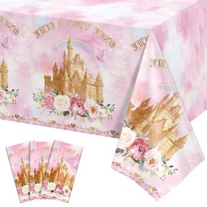3 Pack Princess Tablecloths, Disposable Pink Rose Castle Themed Table Cloth