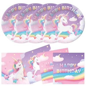 Xjoviative 50Pcs Unicorn Birthday Plates and Napkins Party Supplies, Disposable Pastel Rainbow Paper Plates Napkins Tableware Set for Unicorn Birthday Party Decorations