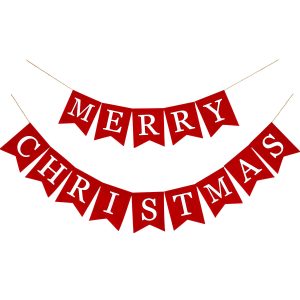 Whaline Merry Christmas Canvas Banners, Red Christmas Bunting Garland, Hanging Xmas Decorations for Fireplace Wall (13ft in Total)