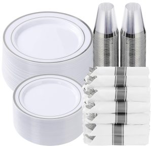 Goodluck 350 Piece Silver Plastic Dinnerware Set for 50 Guests