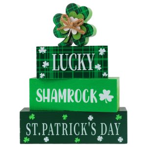 4 Pcs St.Patrick's Day Table Signs Lucky Shamrocks Table Centerpieces Wooden Shamrock Block Signs St Patricks Day Decorations Irish Tiered Tray Decor for Home Office Desk Kitchen Shelf
