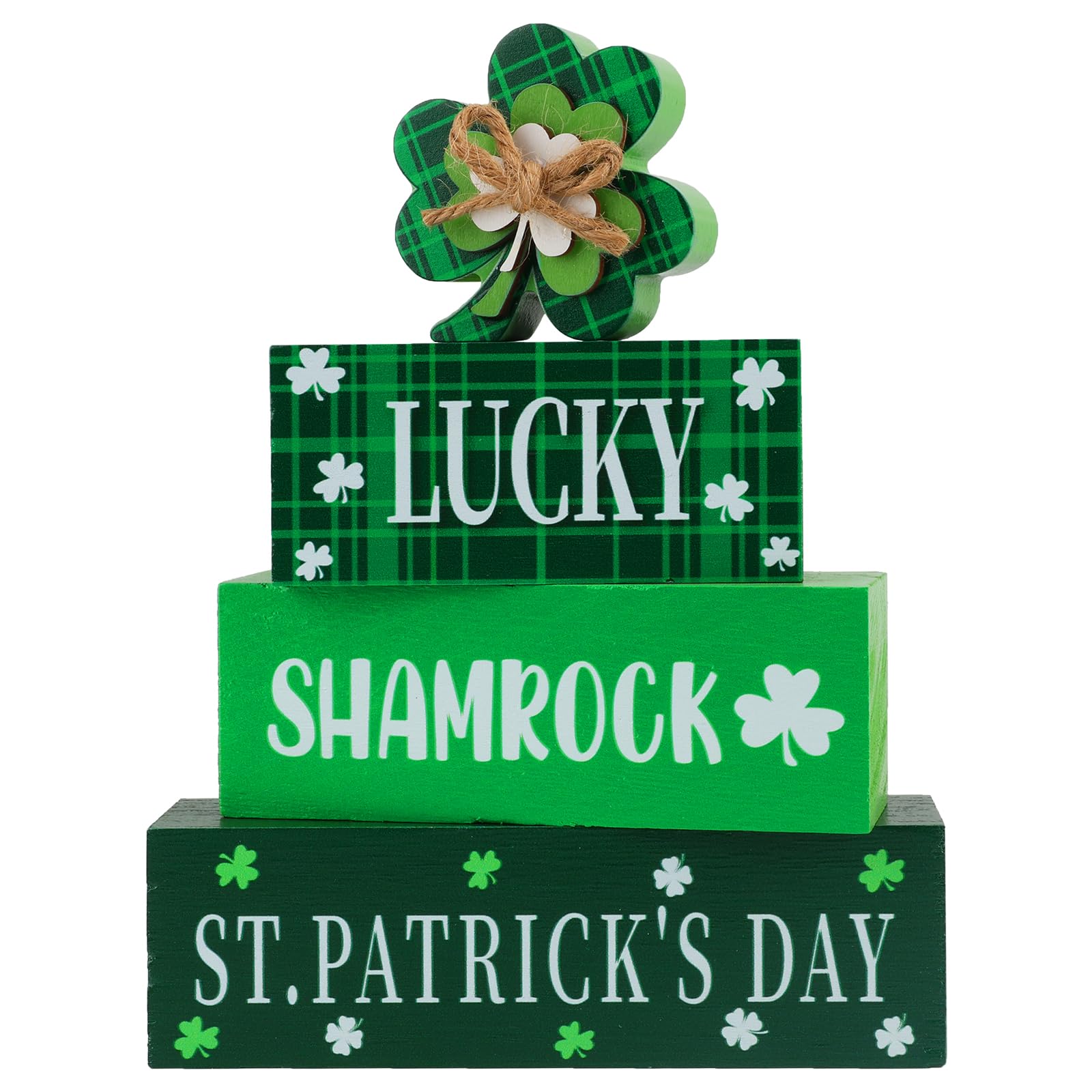 4 Pcs St.Patrick's Day Table Signs Lucky Shamrocks Table Centerpieces Wooden Shamrock Block Signs St Patricks Day Decorations Irish Tiered Tray Decor for Home Office Desk Kitchen Shelf