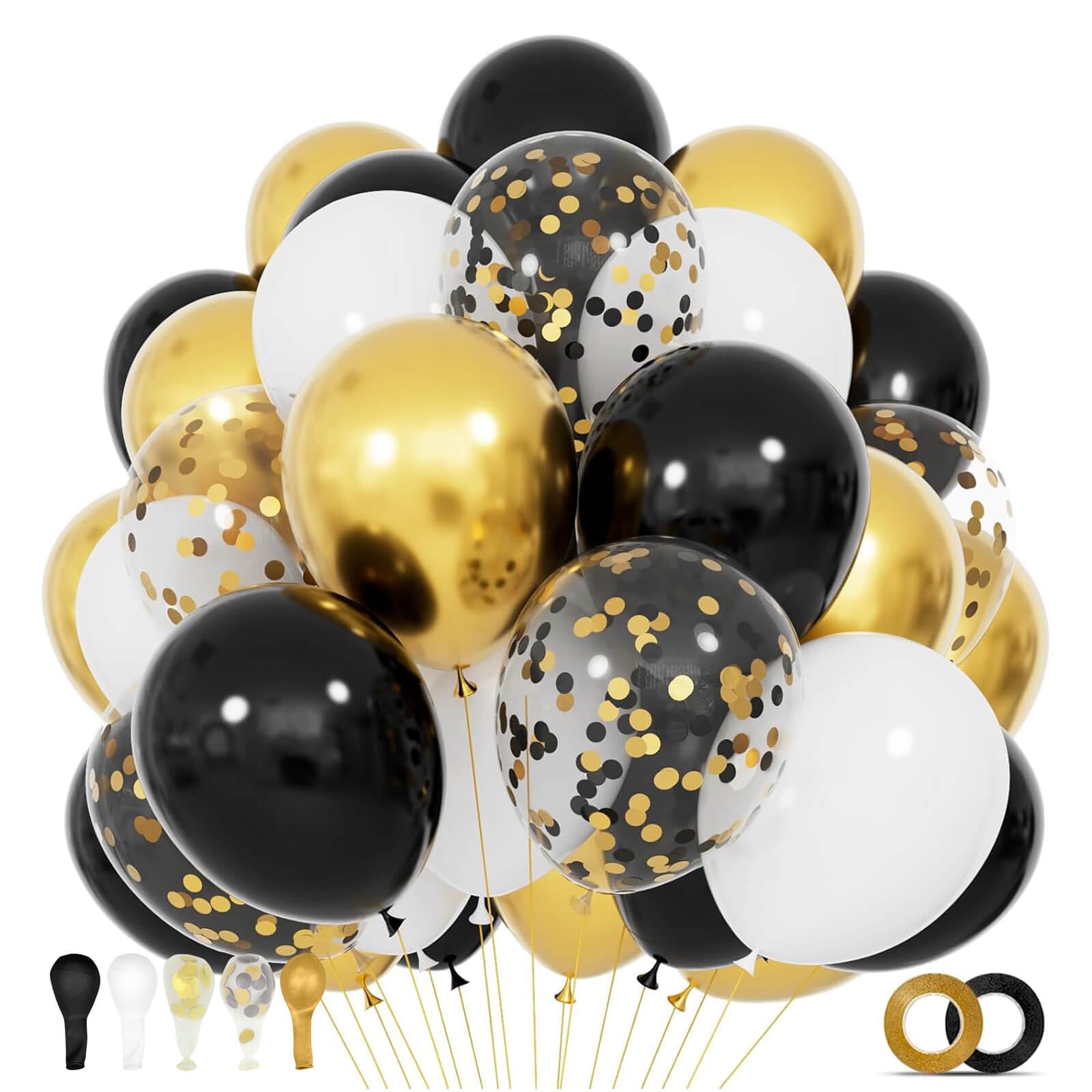 KUULBELA 68Pcs Black White Gold Balloons with 12 Inch Black Gold Confetti Balloons for Graduation Birthday Wedding Party Decorations