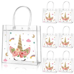 Aliceset 20 Pcs Unicorn Clear Favor Bags with Handles, 8 x 8 x 3.15 Inch