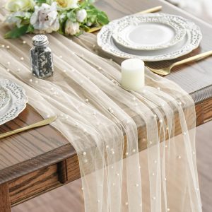 Artoid Mode Pearl Beige Gauze Table Runner 10FT Home Decor