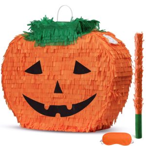 Halloween Pumpkin Piñata, Wicked Pumpkin Piñata with Bat and Blindfold for Halloween Themed Party, Jack-O'-Lanthern, Trick-or-treat Events (17"x13"x3.5")
