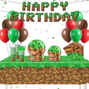 134Pcs Pixel Birthday Party Supplies for Birthday Decorations Serves 24 Guests