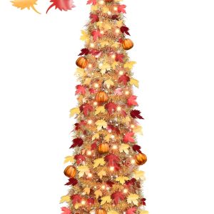 5 FT Fall Tree Fall Decor, Tinsel Maples Tree with 50 Warm White Lights