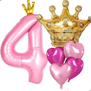Princess 4th Birthday Party Decorations, 40 inch Large Pink Crown 4 Balloon for Girls’ Princess Royal Birthday Decorations, Party Supplies Favors, Anniversaries(Number 4 Foil Mylar Birthday Balloon)