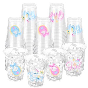 ZCPTZ 100 Pcs Gender Reveal Party Plastic Cups, 12oz Thick Clear Cup Pink and Blue Gender Reveal Party Cups Supplies for Baby Shower Party Decorations