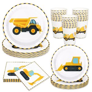 Whaline 96Pcs Construction Party Tableware Dump Truck Paper Plate Napkin Cup Yellow Black Disposable Dinnerware Set for 24 Guests Birthday Party Table Decor