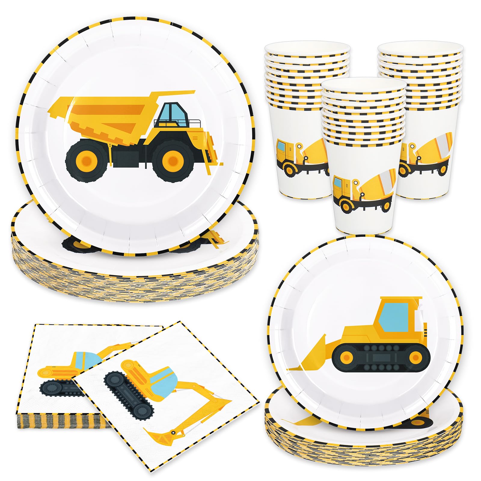 Whaline 96Pcs Construction Party Tableware Dump Truck Paper Plate Napkin Cup Yellow Black Disposable Dinnerware Set for 24 Guests Birthday Party Table Decor