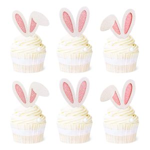 Ercadio 24 Pack Easter Bunny Ear Cupcake Toppers Glitter Pink Rabbit Ears Cupcake Picks Easter Bunny Cupcake Decors Rabbit Cake Toppers for Kids Girls Birthday Baby Shower Party Supplies