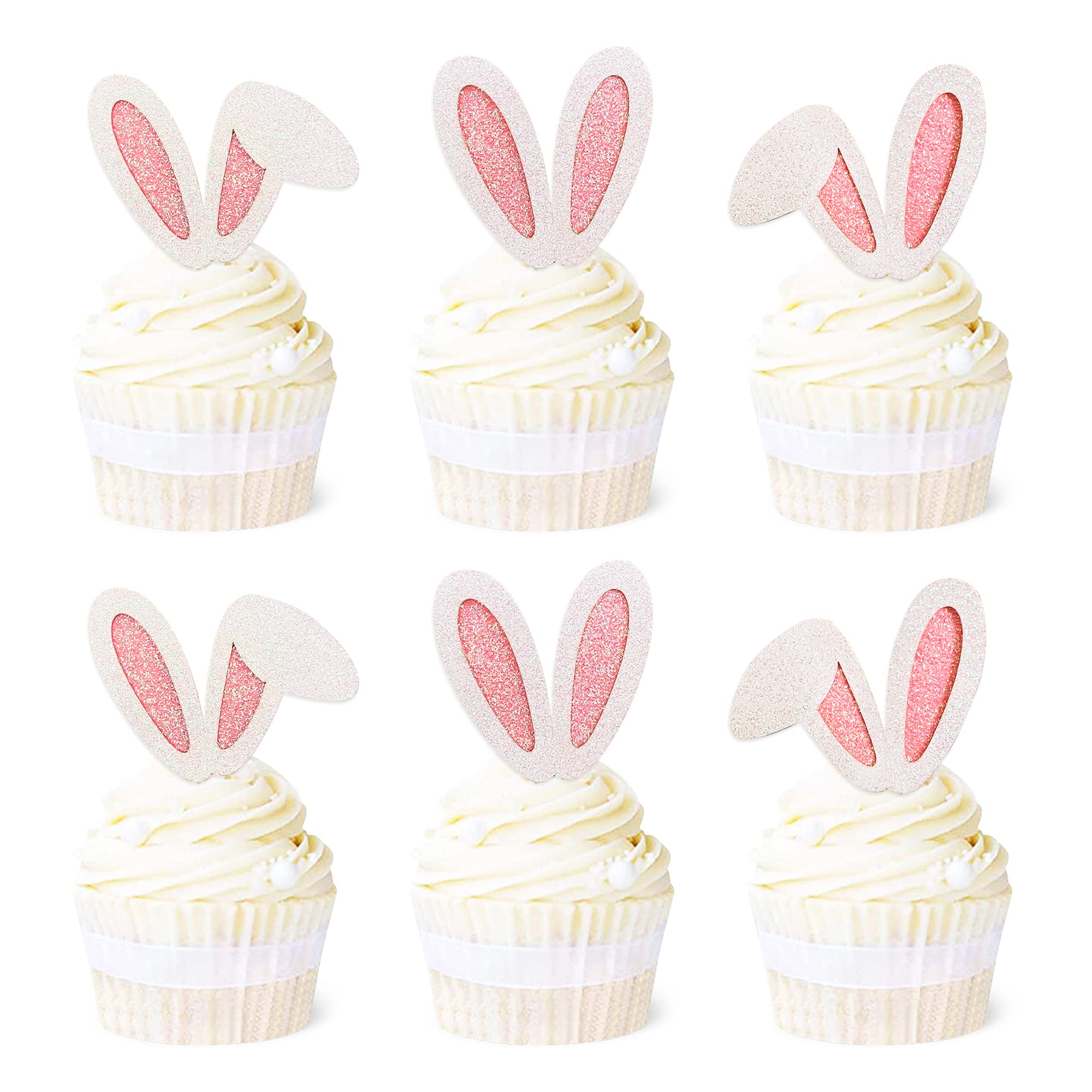 Ercadio 24 Pack Easter Bunny Ear Cupcake Toppers Glitter Pink Rabbit Ears Cupcake Picks Easter Bunny Cupcake Decors Rabbit Cake Toppers for Kids Girls Birthday Baby Shower Party Supplies