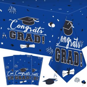 3 Pcs Graduation Tablecloth - Congrats Grad Table Cloth for Class of 2026, Disposable Plastic Rectangle Grad Table Cover for Graduation Party Decorations 2026 and Party Supplies, 54 x 108 Inch (Blue)