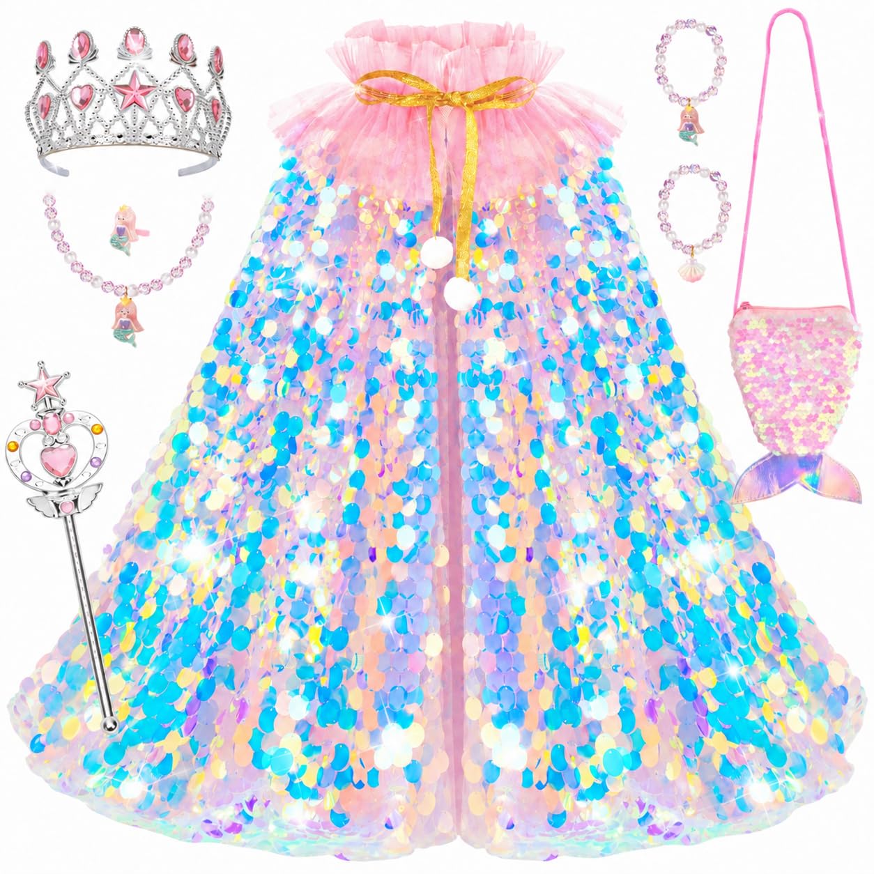 Meland Princess Dress Up for Girls 3-8, Mermaid Cape with Crown, Dress Up Clothes for Girls Birthday Gift, Christmas, Halloween Role Play Costumes, Toys for Kids Toddlers Pretend Play