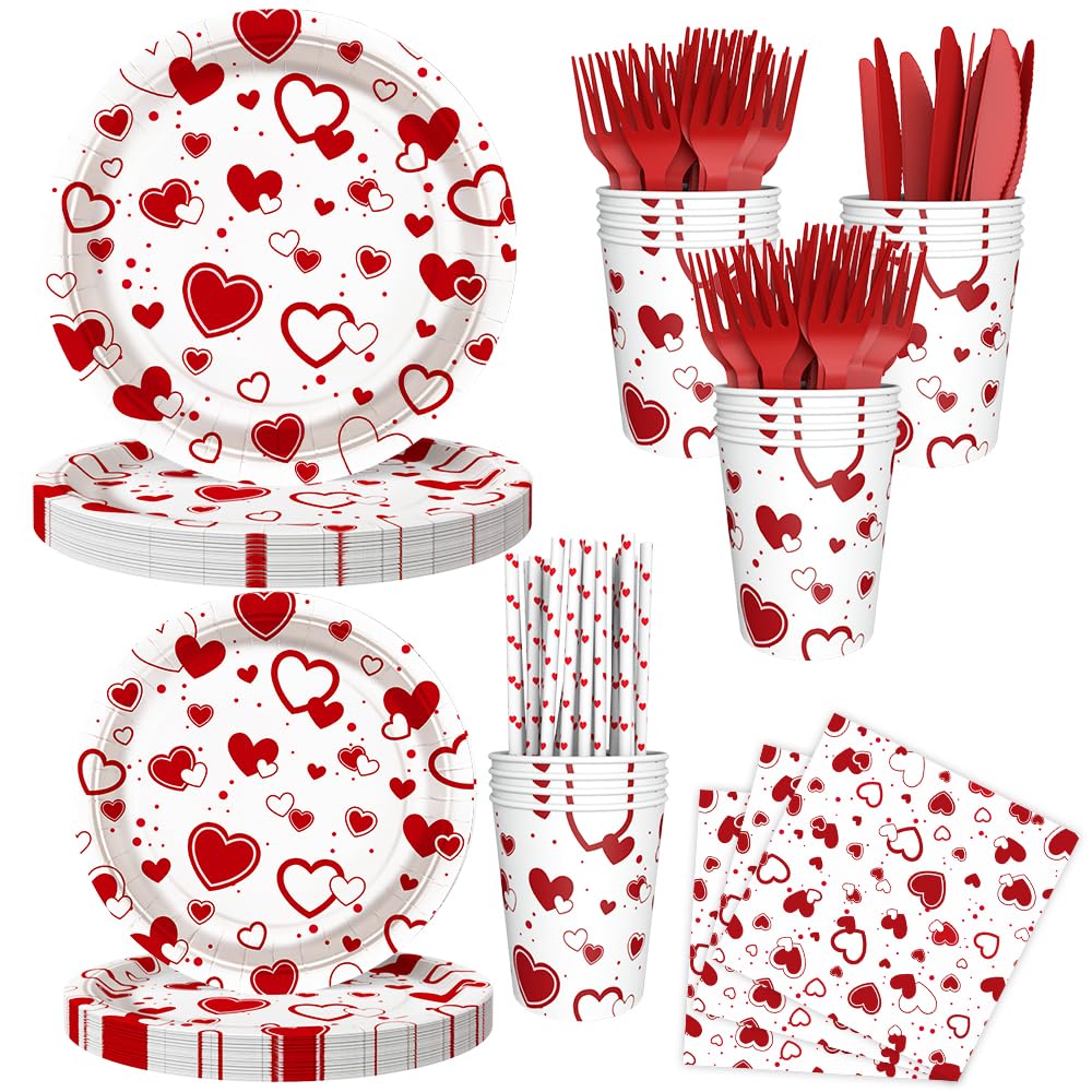 AIBIIN 112 PCS Valentines Day Plates and Napkins Party Decorations Red Heart Galentines Day Party Decorations Supplies Valentines Baby Shower Birthday Disposable Plates Cups and Napkins Serves 16