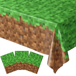 Blue Orchards Pixel Miner Table Cover (Pack of 3) - 54"x108" XL - Gamer Party Supplies, Mining Craft Party Decorations