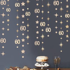 Champagne Gold 60th Birthday Decorations Number 60 Circle Dot Star Garland Metallic Streamer Banner for Women Mens Cheers to 60 Years Old Birthday Happy 60th Anniversary Vintage 1965 Party Supplies
