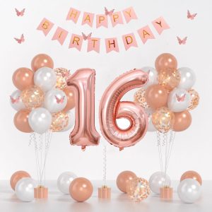 Yumiche 16th Birthday Decorations for Girl, Rose Gold Balloons & Banner Set