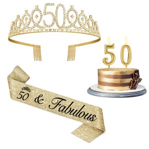 50th Birthday Decorations for Her Gold Tiara Sash Candle