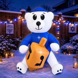 SEASONBLOW 4.5FT Hanukkah Inflatable Polar Bear Holding a Dreidel Decoration, Lighted Blow Up Decor for Indoor Outdoor Home Garden Lawn Yard