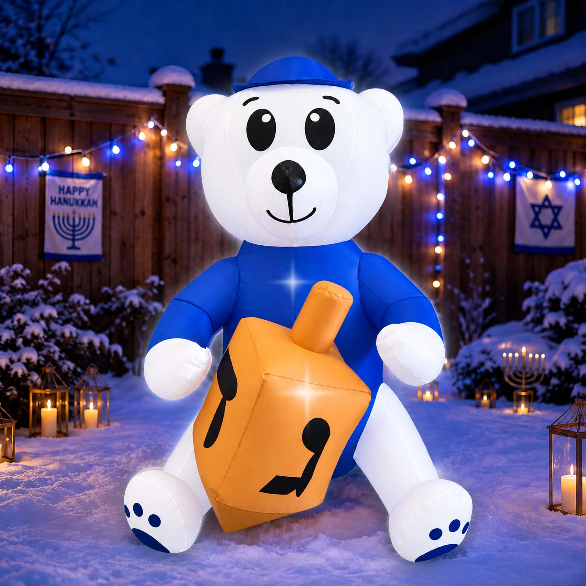 SEASONBLOW 4.5FT Hanukkah Inflatable Polar Bear Holding a Dreidel Decoration, Lighted Blow Up Decor for Indoor Outdoor Home Garden Lawn Yard