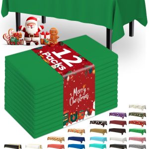 Pureegg Plastic Table Cloth Disposable 12 Pack, 54 x 108 Inch Table Cloths, St Patricks Day, Christmas Decorations, Tablecloths, Rectangle, Forest, Emerald, Plastic Cover, Leakproof & Sturdy, Green