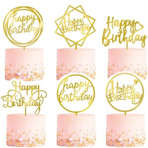 6-Pack Gold Cake Topper Set, Double-Sided Glitter, Acrylic Happy Birthday Cupcake Toppers, Birthday Decorations for Children or Adults.
