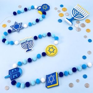 Jansun 8.2 Ft 3D Hanukkah Felt Pre Assembled Garland, Hanukkah Blue White Pom Pom Banner with Star of David and Menorah for Chanukah Mantel Home Wall Hanging Decorations