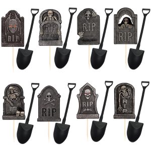 Halloween Cupcake Toppers Cake Decorations Tombstones Graveyard Cupcake Toppers with Novelty Mini Shovel Spoons for Halloween Party, Birthday Party Decoration Supplies 48 Pieces