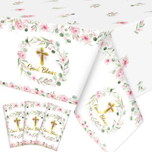 Ganeen 3 Pcs God Bless Baptism Tablecloth Disposable, 54 x 108 Inch