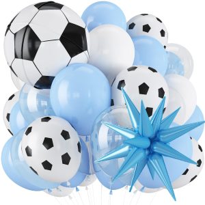 Blue and White Soccer Balloons, 12 Inch Baby Blue and White Soccer Balloons with 22 In Soccer Ball & Light Blue Star Foil Balloon for Boys Men Football Birthday Sports Theme Game Day Party Decorations