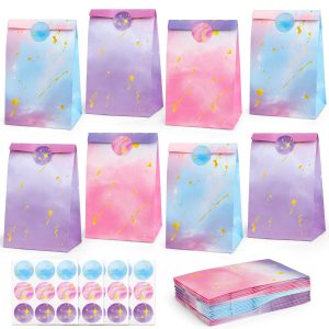 HEJIN 30PCS Tie Dye Party Bags with Stickers, Pink and Purple Small Gift Bags, Mermaid Unicorn Birthday Party Favors Bags for Girls Goodie Bags for Kids Birthday Party, Baby Shower, Halloween, Wedding