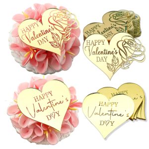 AiQi Bakes 24pcs Rose Carving Gold Mirror Acrylic Heart Shape Happy Valentine's Day Cupcake Decorations, Valentine's Day Cake Party Supplies Gifts
