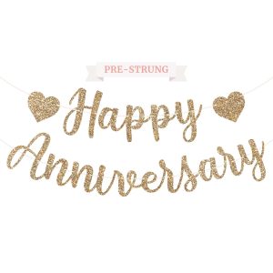 Pre-Strung Happy Anniversary Banner - Gold Glitter Anniversary Banner