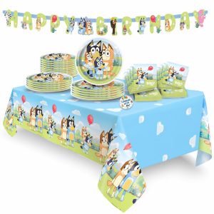 Unique Bluey Party Supplies | Big Tableware Party Pack | Serves 24 | Officially Licensed | Plates, Napkins, Table Cover, Banner | Birthday Decor For Kids, Parties, Classrooms