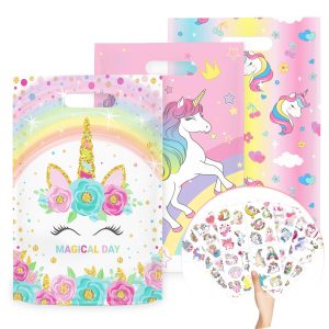 momoake Unicorns Party Favor Bags, 24 PCS Goodie Bgs with 120 Waterproof Vnyl Stickers for Kids Unicorns Birthday Decorations