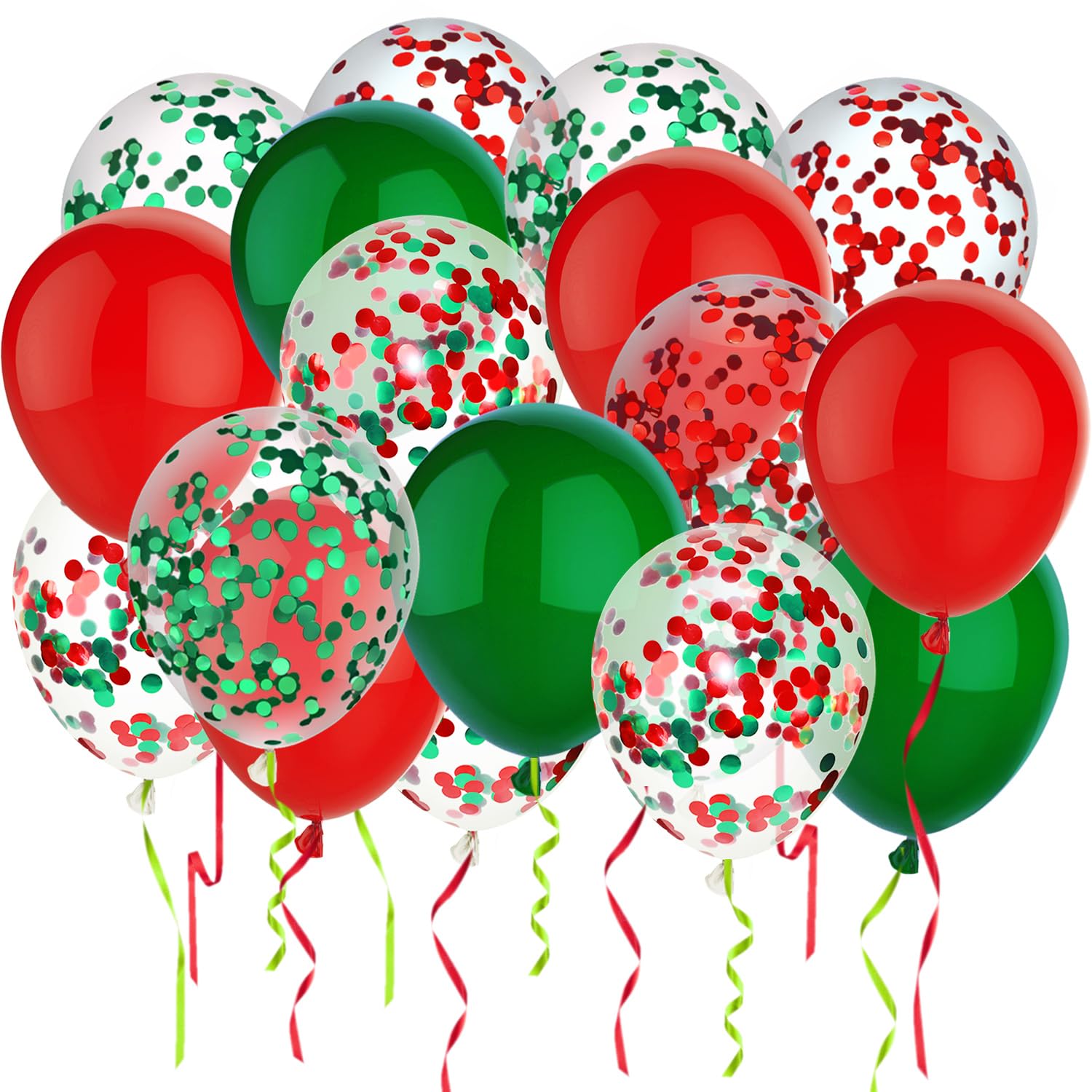 PheiLa 50 Pcs 12 Inch Red and Green Confetti Balloons Christmas Balloons with Ribbons Christmas Party Decorations for Xmas Color Themed Party New Year Baby Shower Birthday Party Supplies