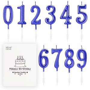 Beanlieve Blue Numeral Birthday Candles - Cake Numeric Candles Number 0 1 2 3 4 5 6 7 8 9, Used for Cake Decoration on Birthday Parties and Wedding Anniversary Celebrations(10 Pieces)
