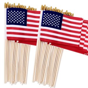 100 Pack Small American Flags on Stick, 4x6 Inch US HandHeld Stick Flags