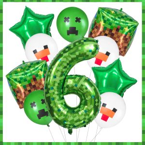 FJZEPIN 40 Inch Giant Green Pixel Miner Themed Number Foil Balloons, Mining Green Birthday Party Decorations Bundle 0-9 Optional Kids Anniversary Balloon Party Supplies (Number 6)