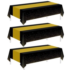 Childom 3 Pack Black and Gold Tablecloths for Events,54"x108" Plastic Table Cloths for Rectangle Tables,Disposable Party Table Covers for New Years Eve Decorations 2027,Holiday Birthday Wedding Dining